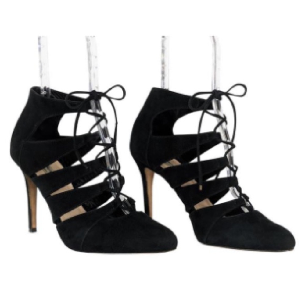 LK Bennett heels Honor black suede leather point toe caged stiletto pumps 6.5